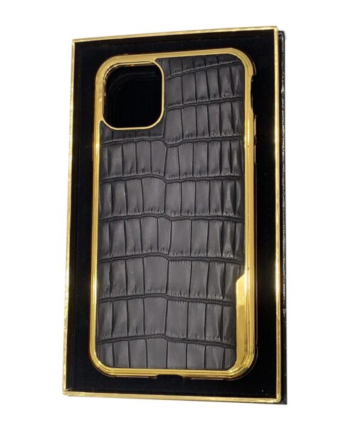 iPhone 11 Pro Gold Crocodile Black Leather Casing