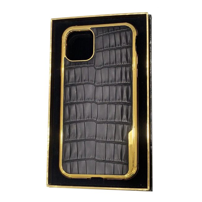 iPhone 11 Pro Gold Crocodile Black Leather Casing