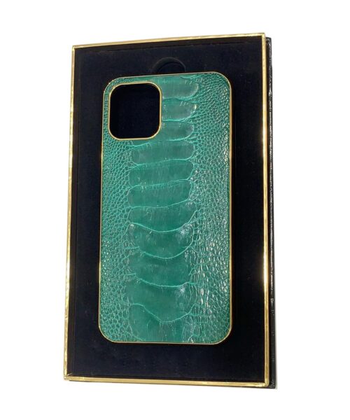 Luxury Gold iPhone 11 Pro and Pro Max Casing with Ostrich Brilliant Green Leather