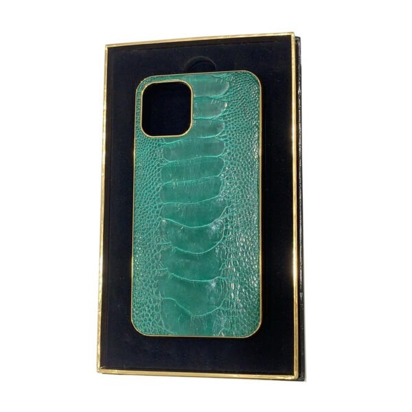 Luxury Gold iPhone 11 Pro and Pro Max Casing with Ostrich Brilliant Green Leather