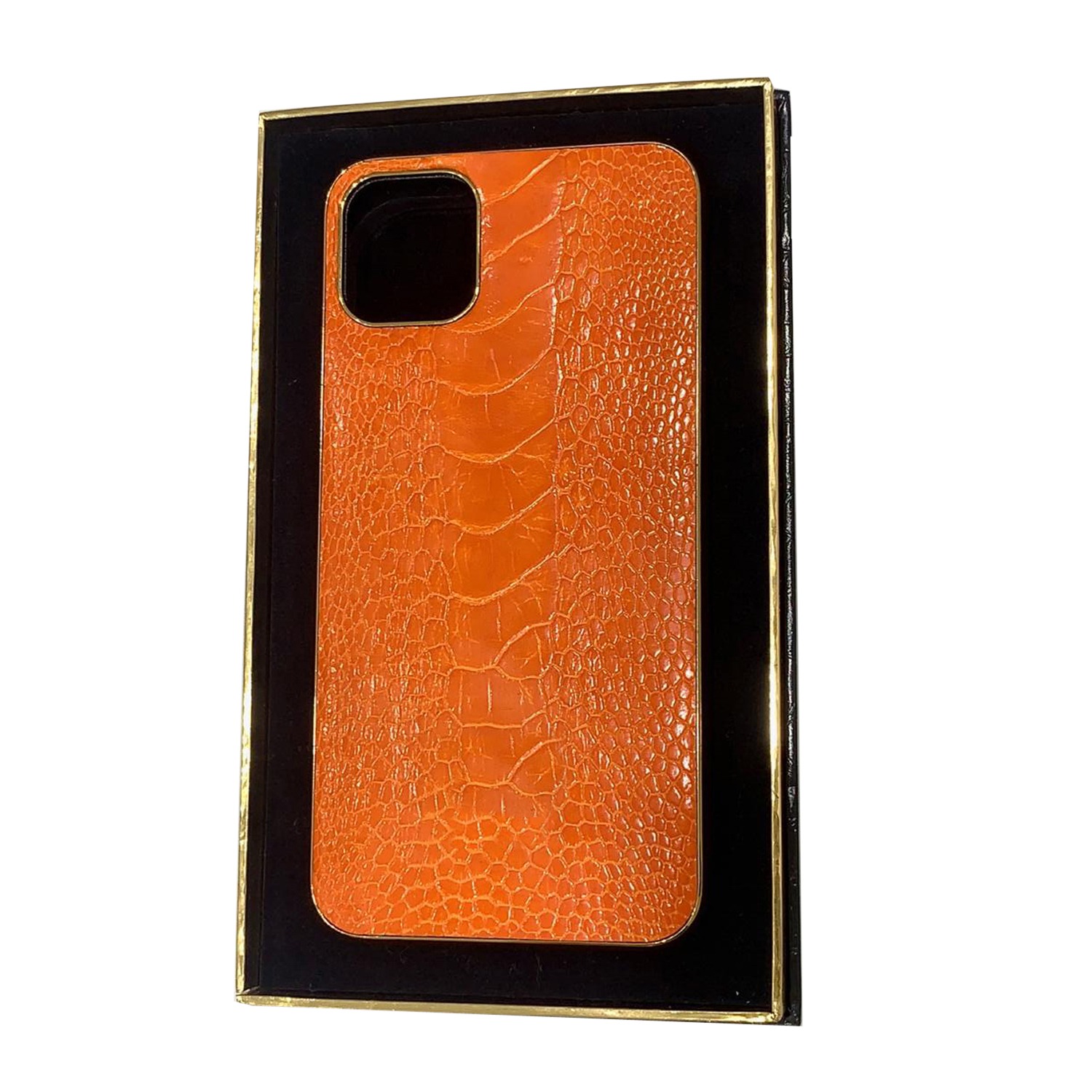 24k Gold Ostrich Orange Leather iPhone 14 Pro and 14 Pro Max Case