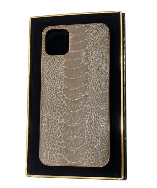 Luxury Gold iPhone 11 Pro and Pro Max Casing with Ostrich Tapestry Grey Leather