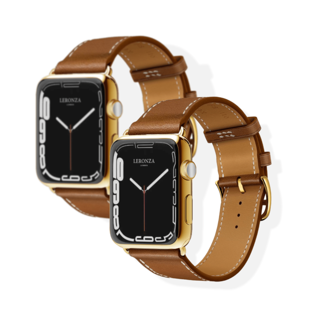 24k gold apple watch series 8 ultra with brown leather strap