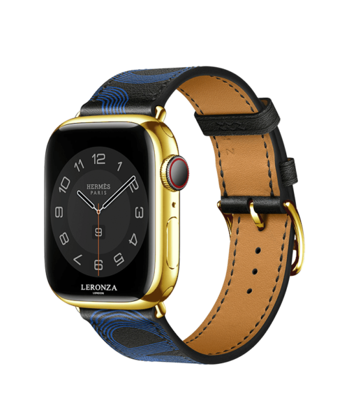 24K Gold Apple Watch 7 with Noir:Bleu Electrique Swift calfskin, Circuit 24 print