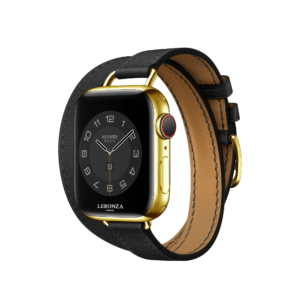 24K Gold Apple Watch Hermès Series 7 with Noir Swift Leather Double Tour Strap