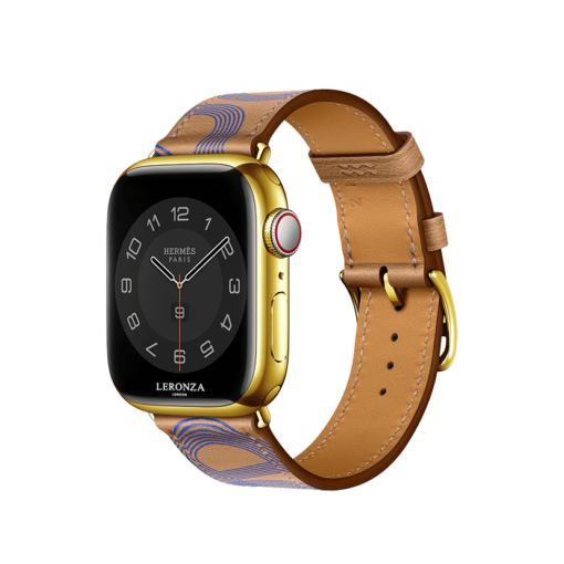 Biscuit Bleu 24k Gold Apple Watch 7 with Electrique Swift calfskin, Circuit 24 print