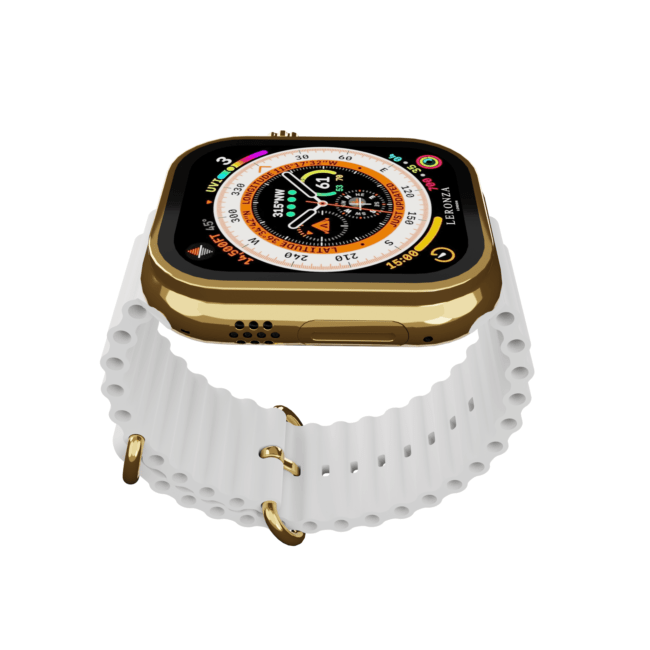 Latest Leronza 24k Gold Apple Watch Ultra 2 gift for him or her with white ocean band