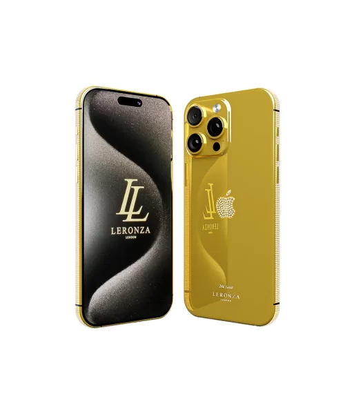 Leronza Luxury Personalized 24k Gold iPhone 15 Pro Max Swarovski logo and frame Edition