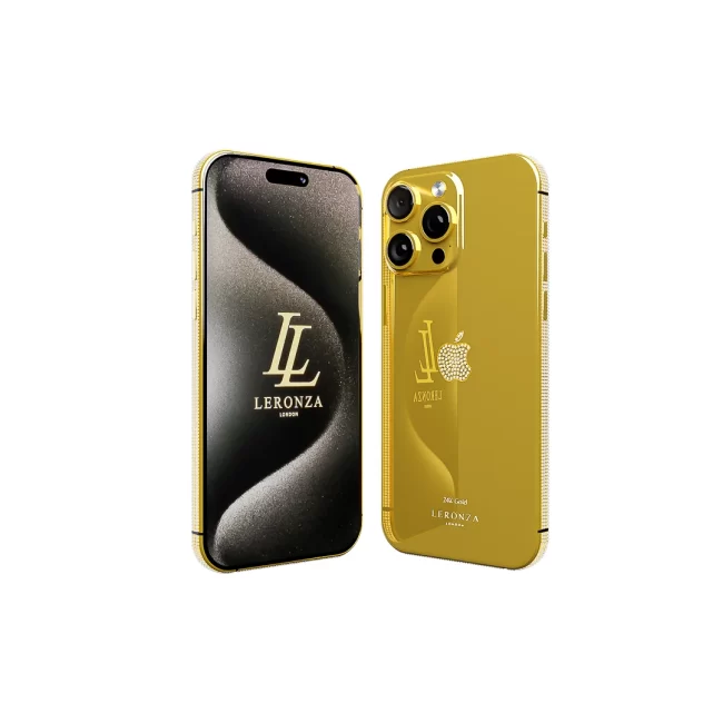 Leronza Luxury Personalized 24k Gold Apple iPhone 15 Pro Max Swarovski logo and frame Edition