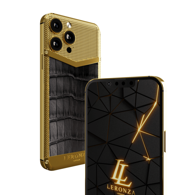 leronza luxury 24k Gold Apple iPhone 15 Pro max with Black Crocodile leather