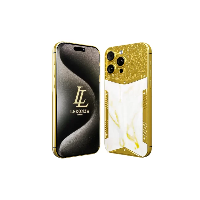 Leronza Luxury Customized 24k Gold Apple iPhone 15 Pro Max with Mother of Pearl Royale Edition