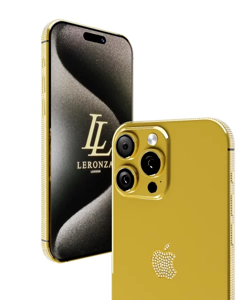 Leronza Luxury Personalized 24k Gold iPhone 15 Pro Max Swarovski logo and frame Edition