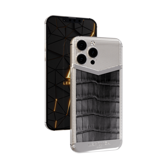 Leronza Platinum Apple iPhone 15 Pro with Black Crocodile Leather