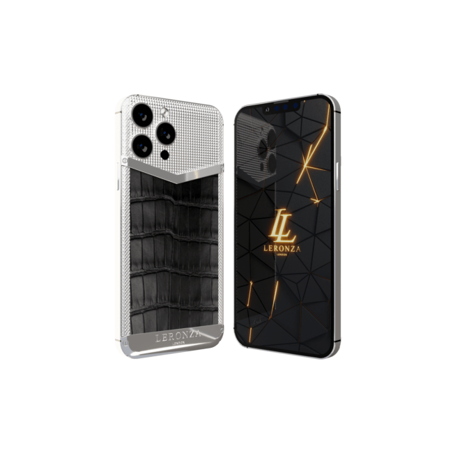 Leronza Platinum Apple iPhone 15 Pro Max with Black Crocodile Leather