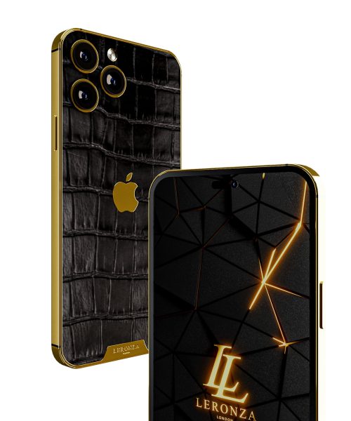 New Leronza Luxury 24k Gold iPhone 15 Pro Max with Black Crocodile Leather