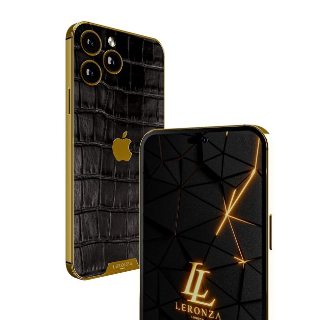 New Leronza Luxury 24k Gold iPhone 15 Pro Max with Black Crocodile Leather