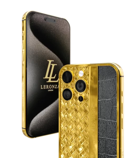 Leronza Luxury 24k Gold iPhone 15 Pro Max with Black Crocodile Leather Knots & Leather Edition