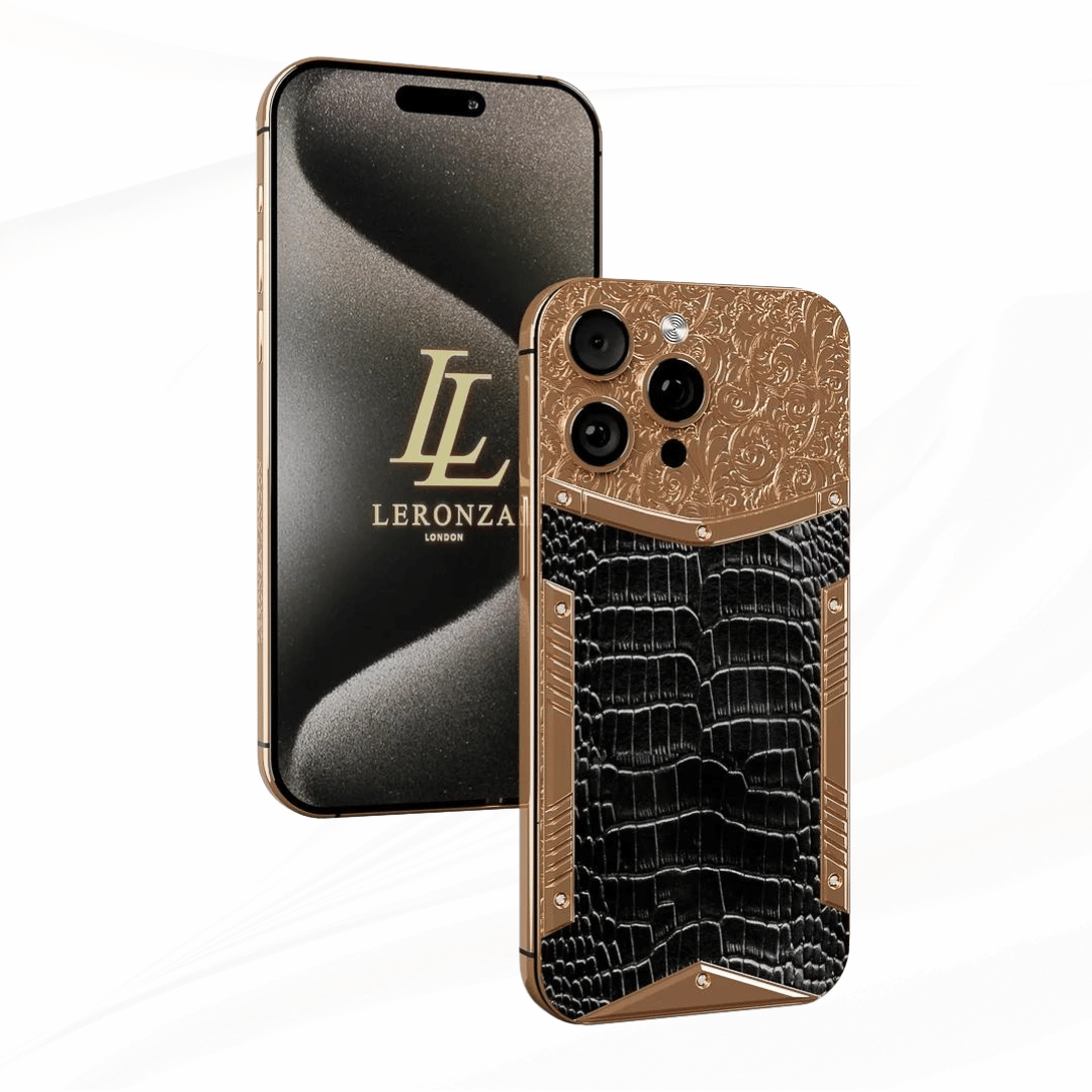 Leronza luxury Rose Gold Apple iPhone 15 Pro Max with black crocodile leather