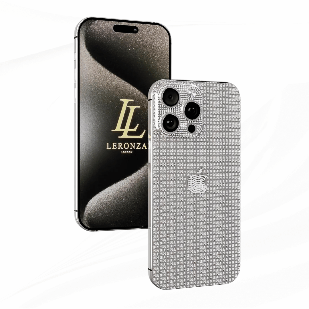 Leronza Luxury Platinum Apple iPhone 15 Pro Max with Full Swarovski Diamond