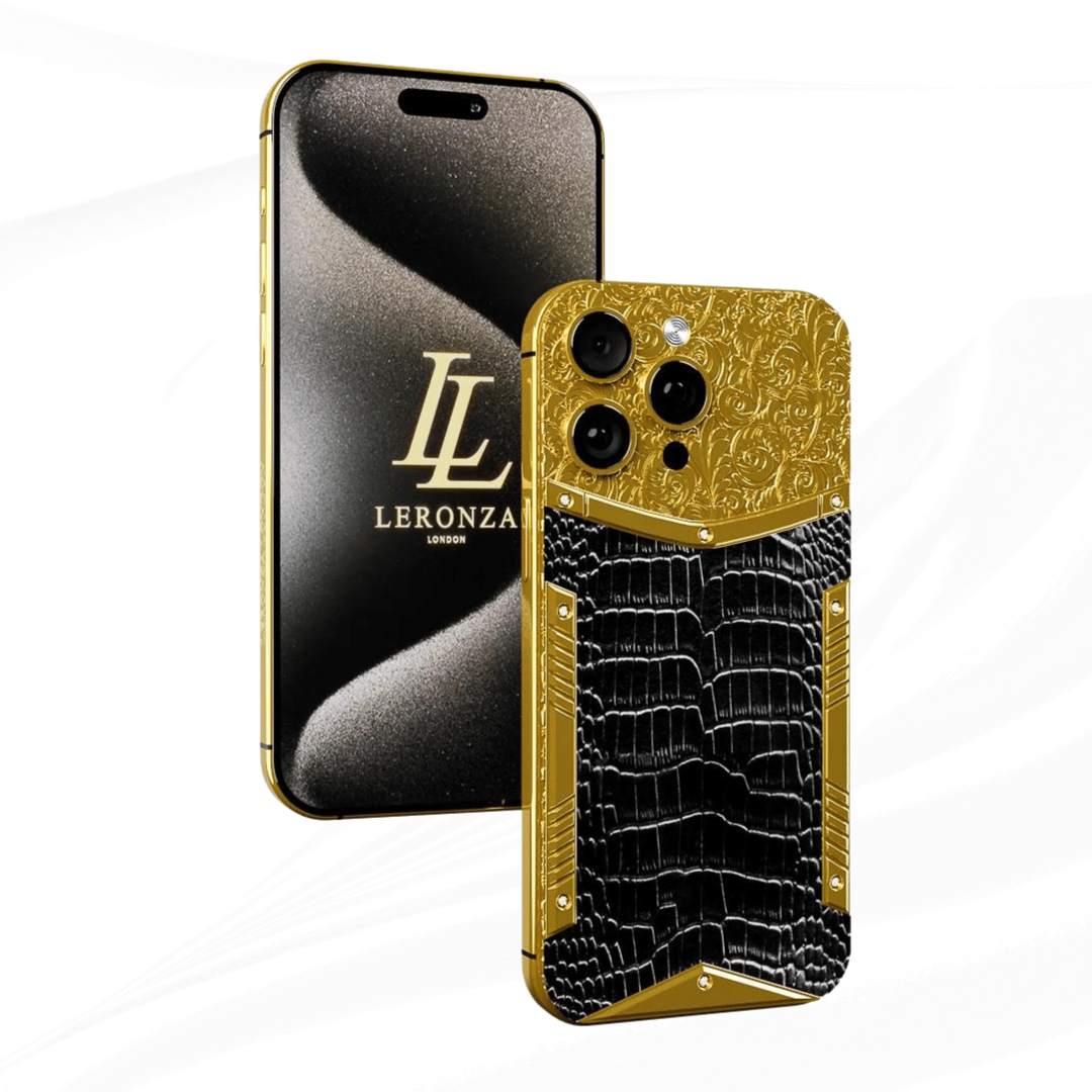 leronza luxury Apple iphone 15 pro max 24k Gold with crocodile leather