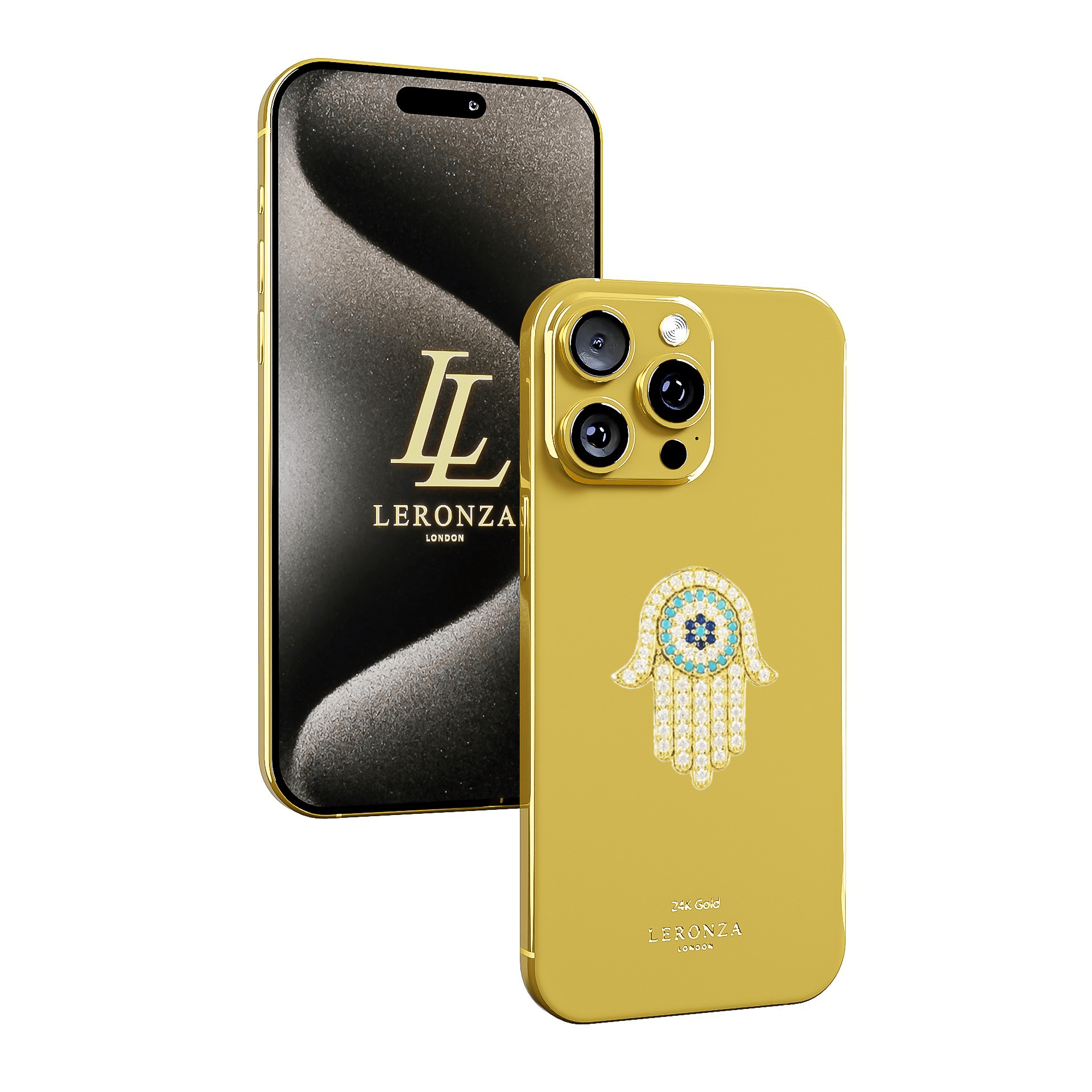 Leronza Latest Luxury Apple iPhone 15 Pro Max with 18k Solid Gold and Diamond hamsa Eye Amulet Logo