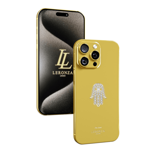 Leronza Luxury Customized Apple iPhone 15 Pro and Pro Max with 18k Solid Gold and Diamond Hamsa blessing Logo