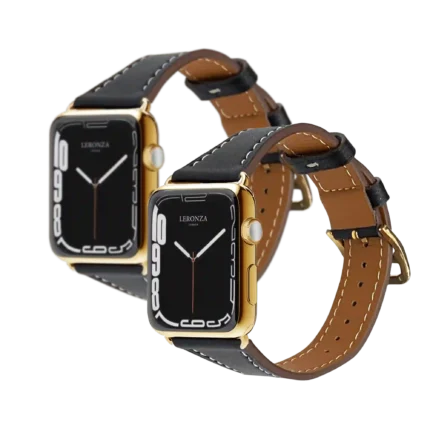 Leronza’s Custom made 24 Kt. Gold Apple Watch Series 10 with black leather strap