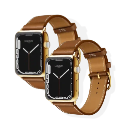 Leronza’s Custom made 24K Gold Apple Watch Series 10 with brown leather strap