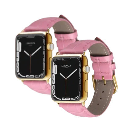 Leronza’s Custom made 24 Kt. Gold Apple Watch Series 10 with Pink leather strap