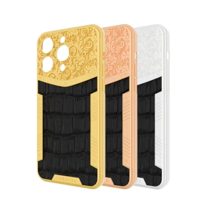 Gold iPhone 15 16 Pro Max Flora leather case